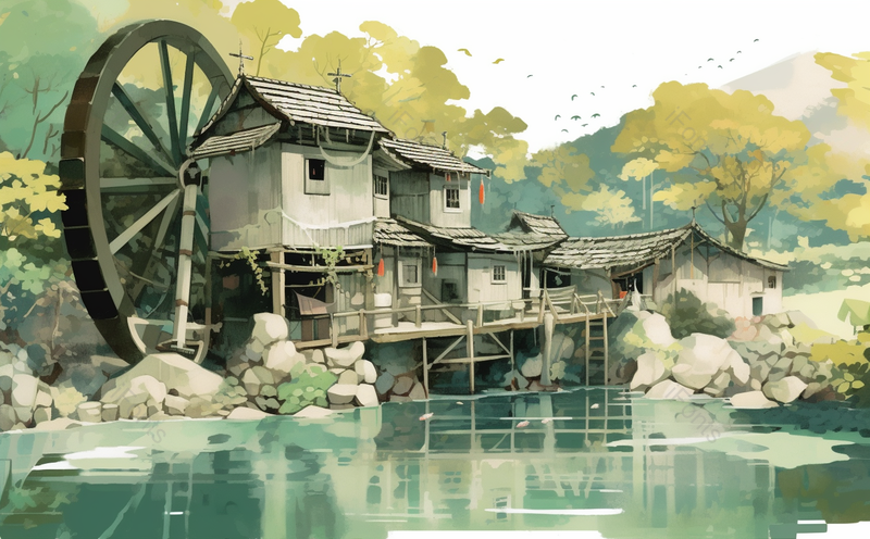 河边房子后面的水车插画背景,插画/手绘图,插画/手绘图库,插画/手绘图下载,插画/手绘